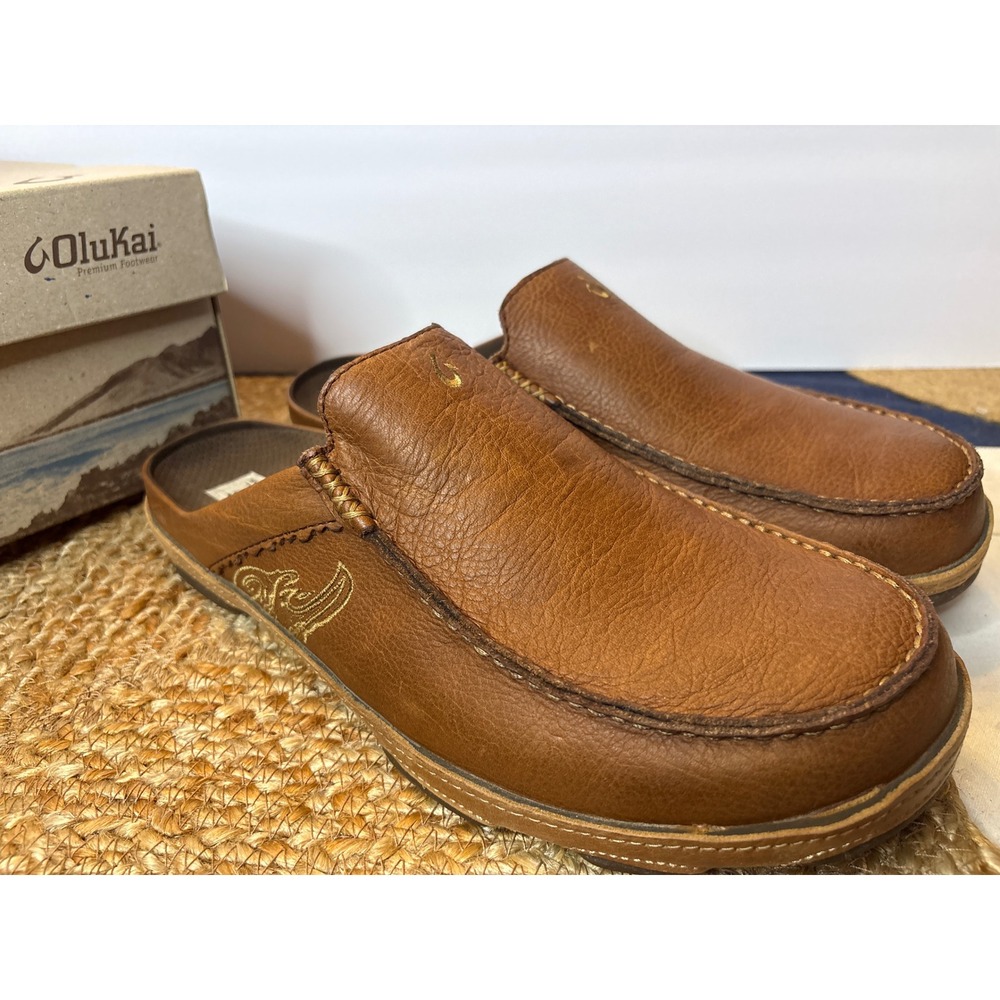 OluKai Kono Mens 12 Brown Leather Slides Mules Slip On Shoes 10119-3034